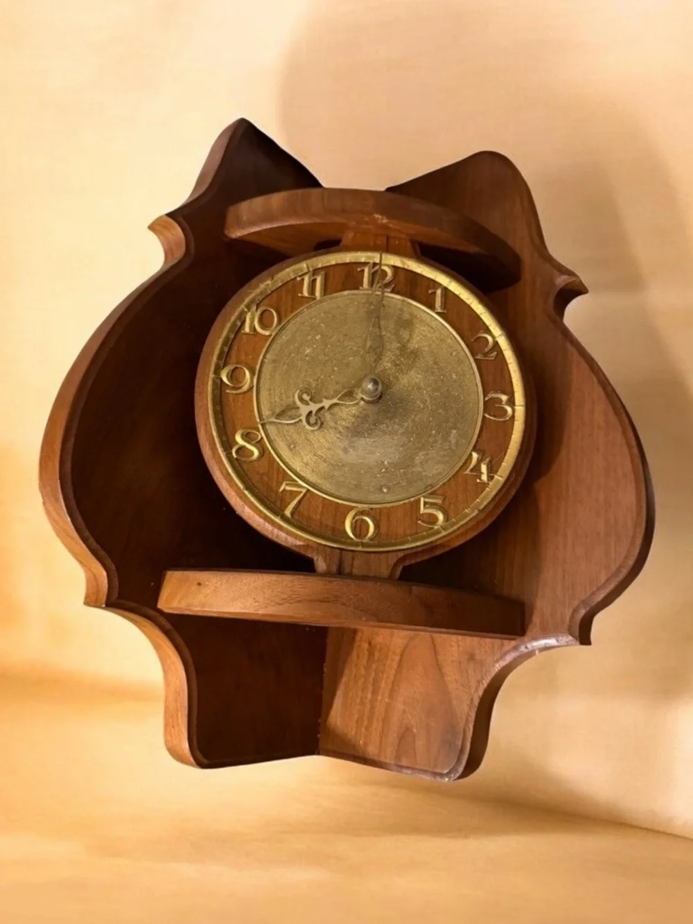 Vintage~Wood Wall Corner Clock~Analog~Gold Tone Face~Mid-Century Modern